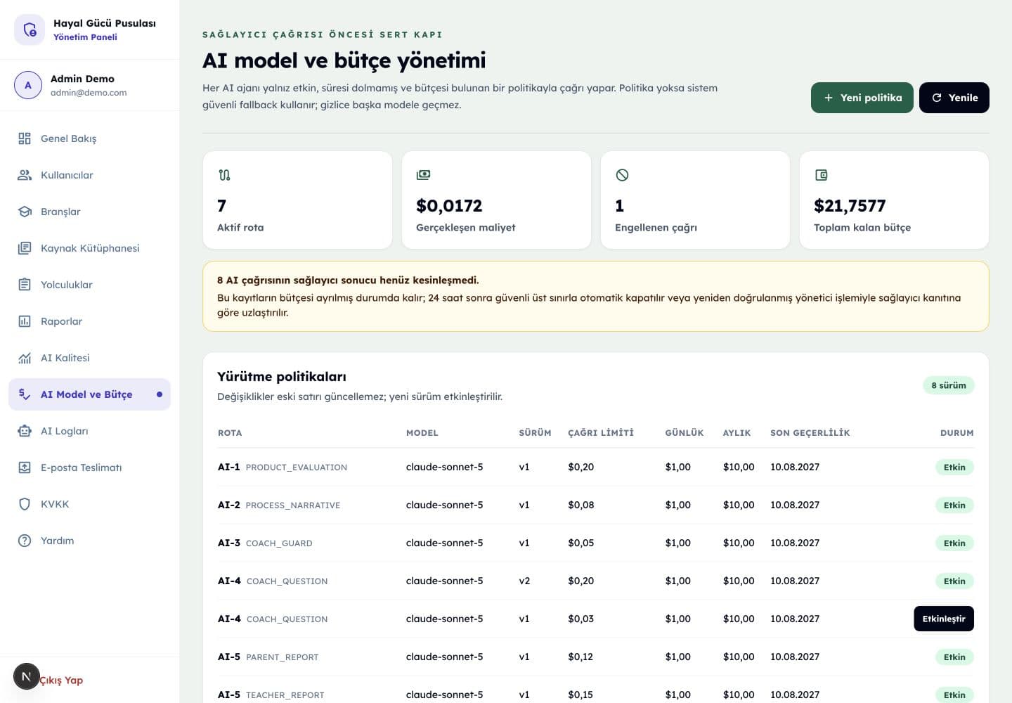 Okul yöneticisinin AI model, bütçe ve kapatma kontrollerini izlediği ekran