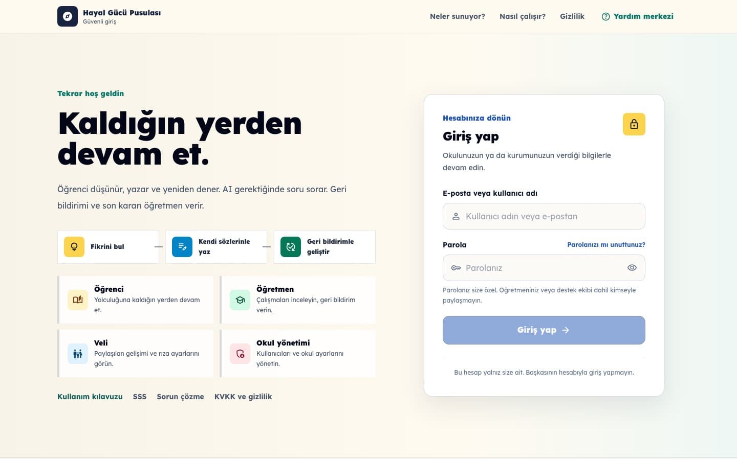 Hayal Gücü Pusulası giriş ekranı