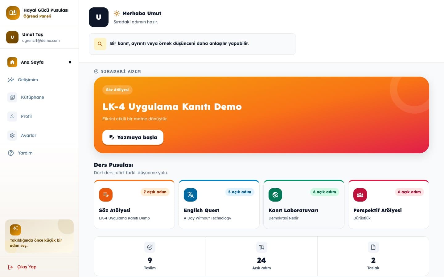 Öğrenci ana sayfasında aktif öğrenme yolculuğu ve sıradaki adım